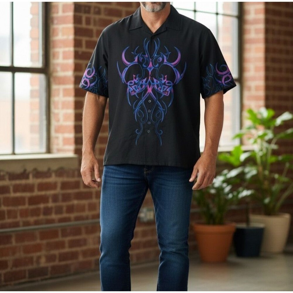 Vintage Y2K Dragonfly Skull Button Down Shirt Black XL Biker Gothic Streetwear